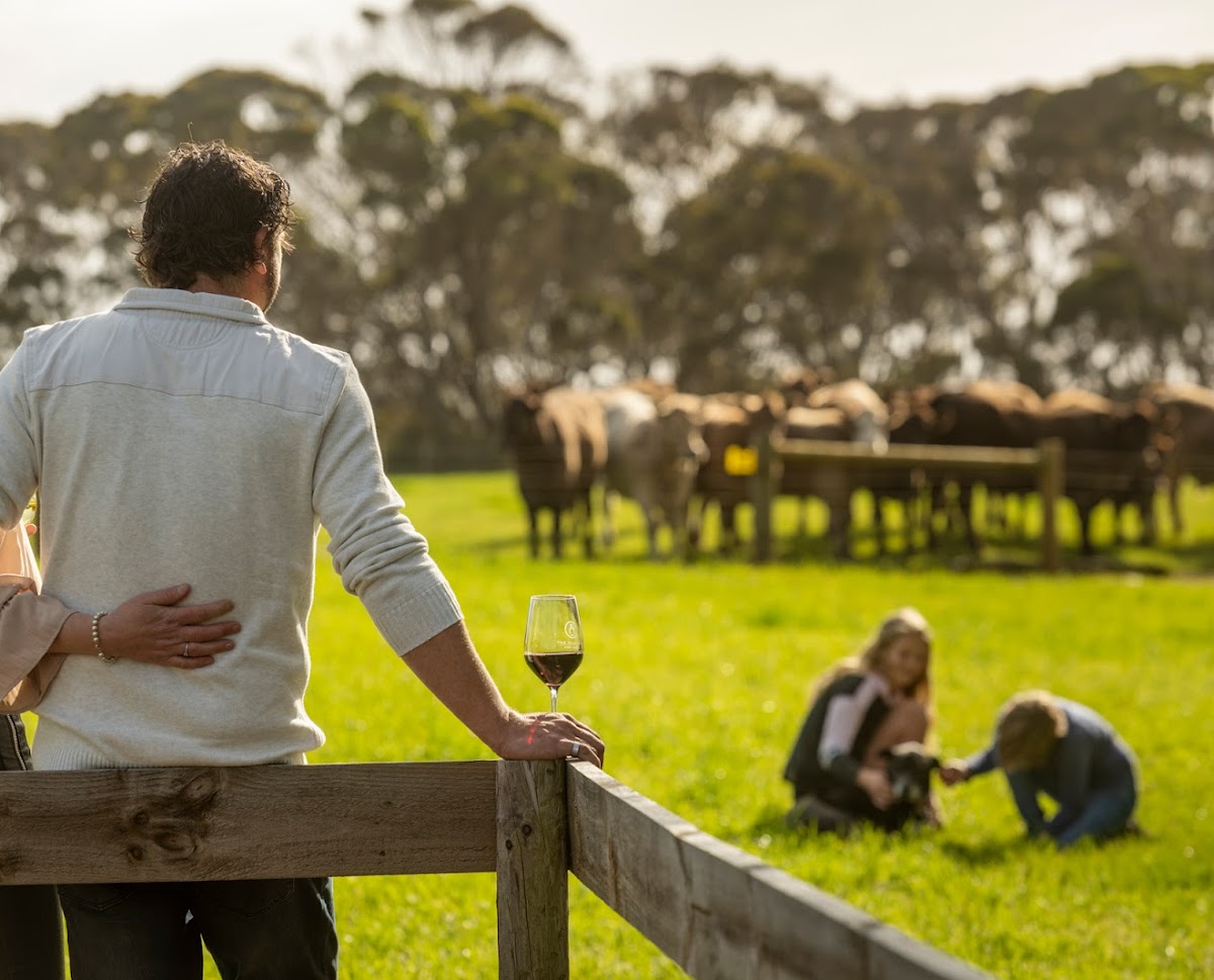 Person watching kids play with a glass of The Islander Estate wine